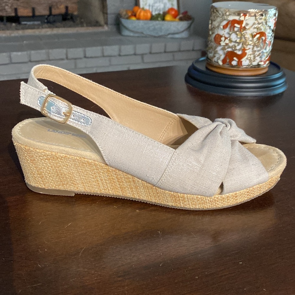 Lands End sling back, open toes, wedge, sandal.